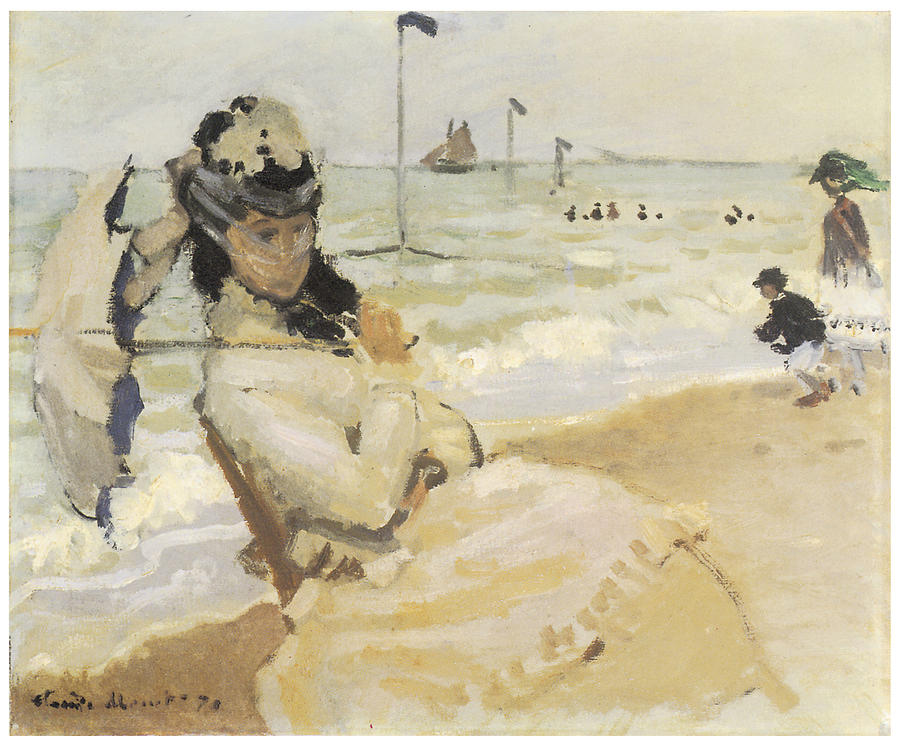 Claude Monet Painting - Camillle on the Beach at Trouville by Claude Monet