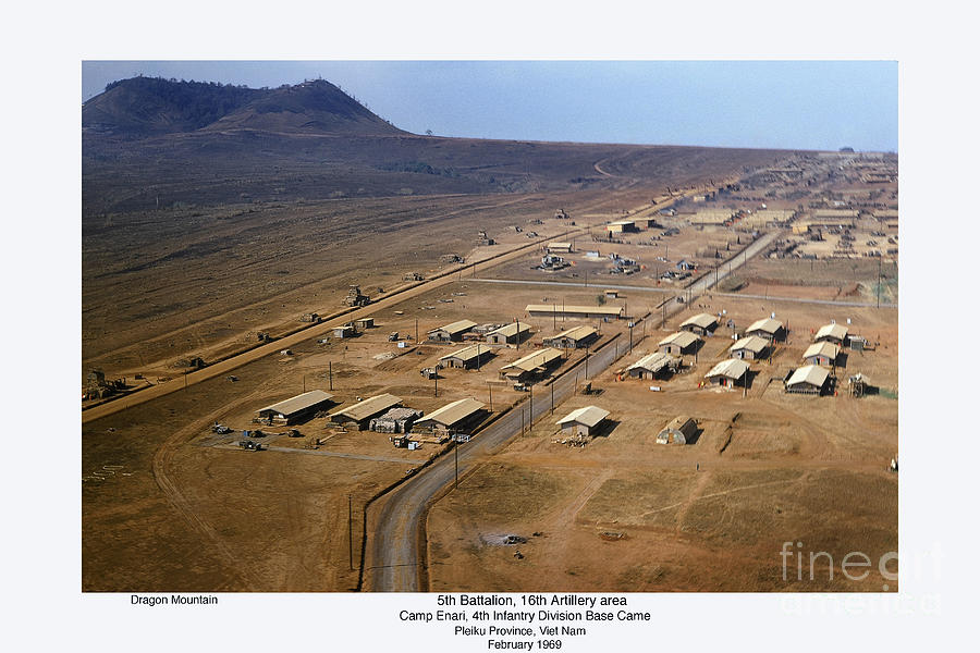 Aerial of Camp Enari 4th ID base camp Dragon Mountain Vietnam 1969 ...