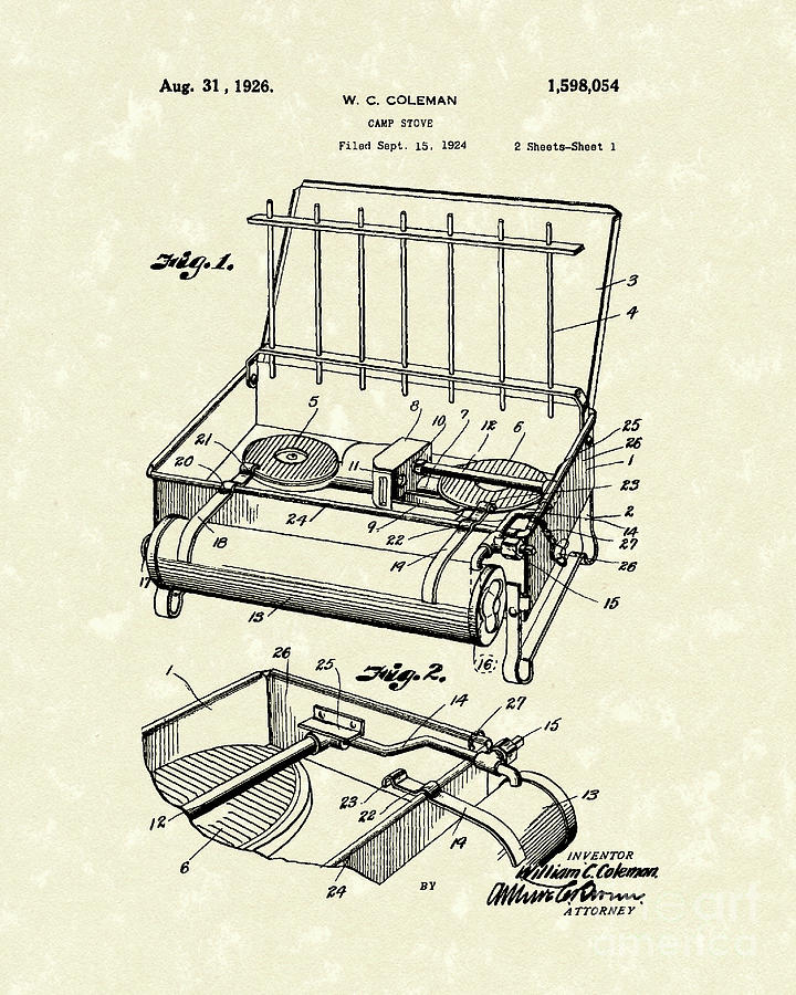 Camp Stove 1926 Patent Art Drawing by Prior Art Design