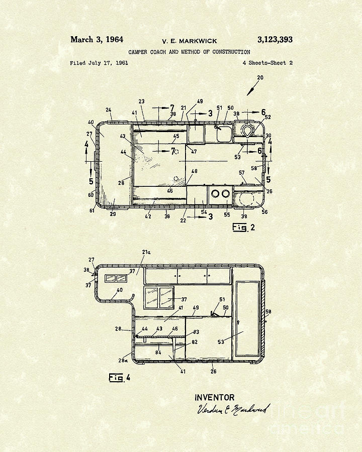 Camper Coach 1964 Patent Art Drawing by Prior Art Design