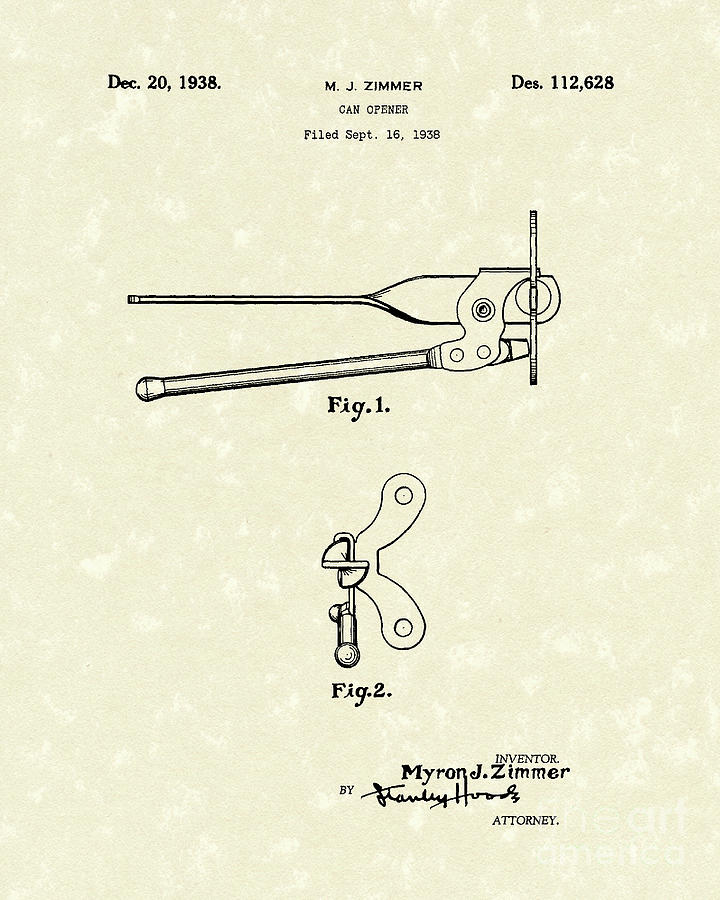 Can Opener 1938 Patent Art Drawing by Prior Art Design