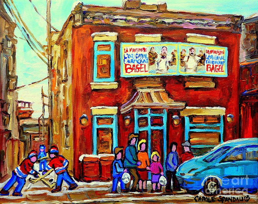 Canadian Art Fairmount Bagel With Hockey Montreal Winter Scene Montreal Paintings Carole Spandau Painting by Carole Spandau