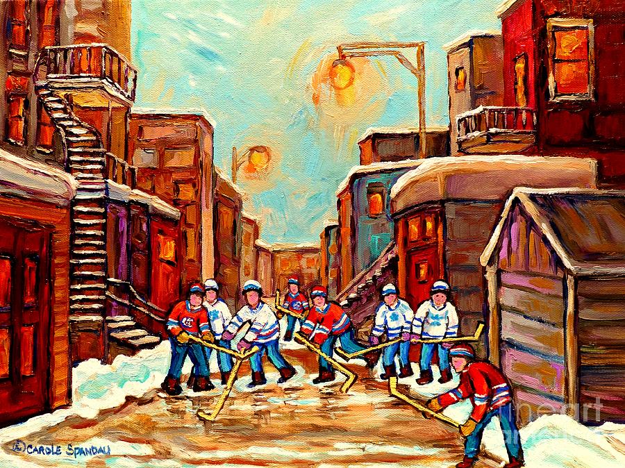 Canadian Art Hockey Painting Back Lane Hockey Game Montreal Winter Scene Carole Spandau Painting by Carole Spandau