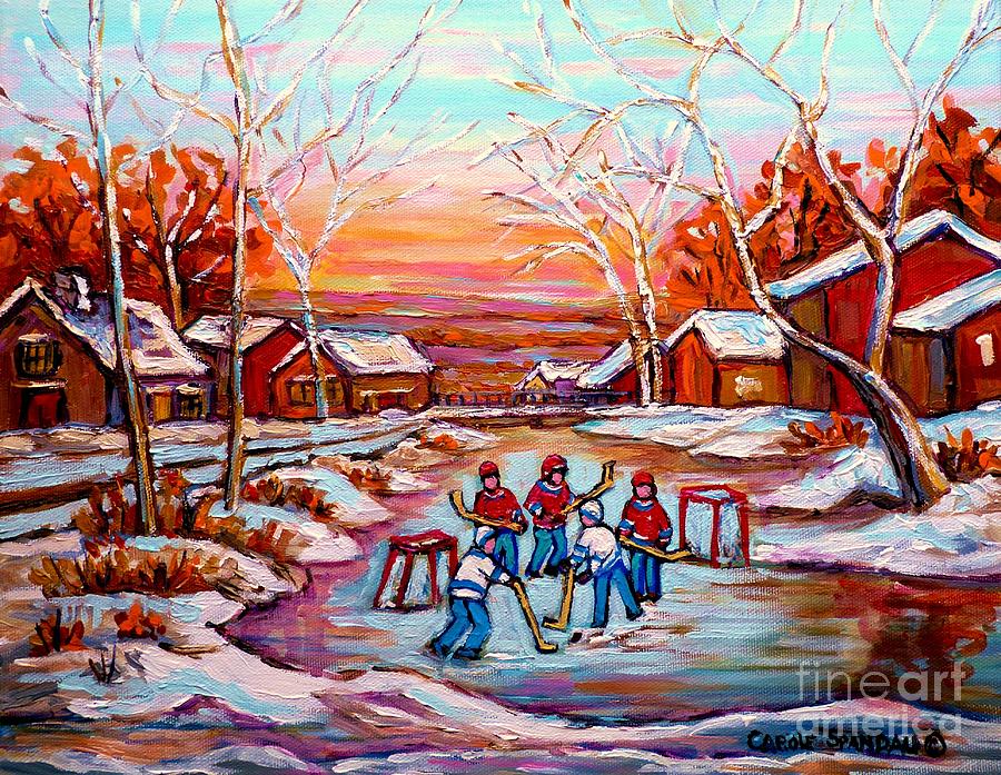 Canadian Art Pond Hockey Winter Near The Village Landscape Scenes Carole Spandau Painting by Carole Spandau
