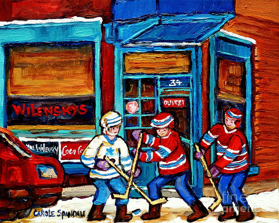 Canadian Art Wilensky Doorway Hockey Game Paintings Of Winter Montreal Street Scenes Carole Spandau Painting by Carole Spandau
