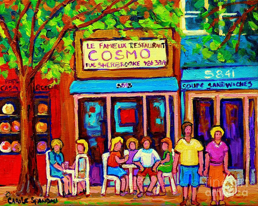 Canadian Artists Montreal Paintings Cosmos Restaurant Sherbrooke Street West Sidewalk Cafe Scene Painting by Carole Spandau