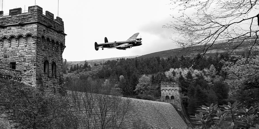 Canadian Lancaster VR-A at the Derwent Dam black and white versi Photograph by Gary Eason