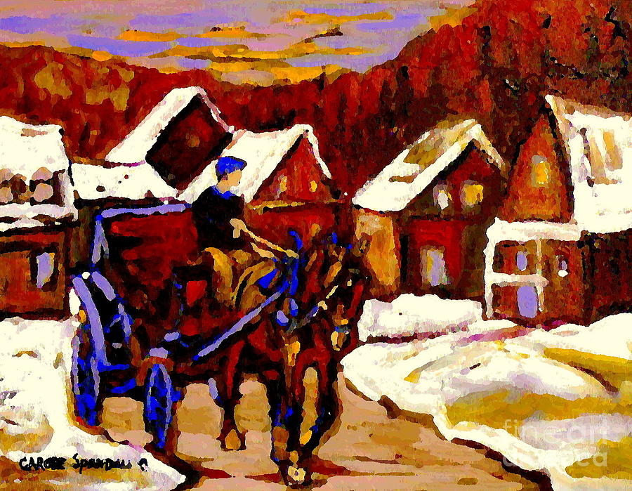 Horse Painting - Canadian Landscape Paintings Red Sled Rider Leaving The Village Quebec Winter Painting Cspandau  by Carole Spandau