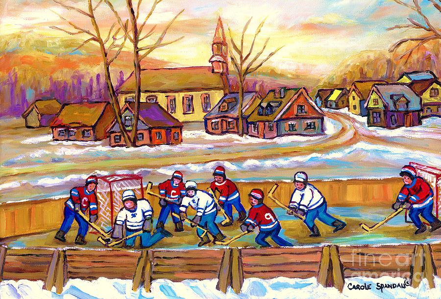 Hockey Painting - Canadian Village Scene Hockey Game Quebec Winter Landscape Outdoor Hockey Carole Spandau by Carole Spandau