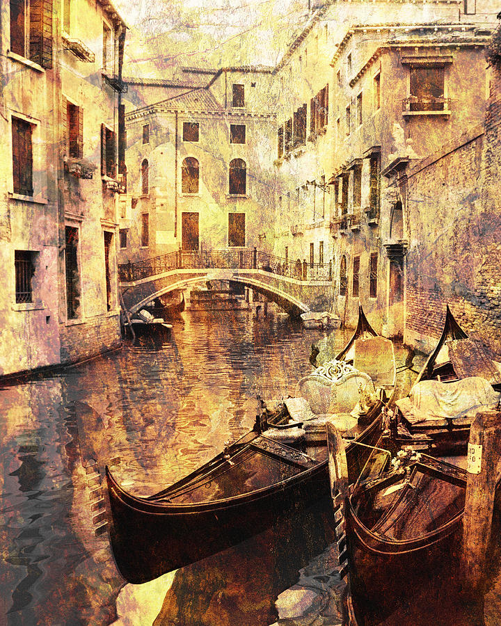 Gondolas Photograph - Canal and Docked Gondolas in Venice by Greg Matchick