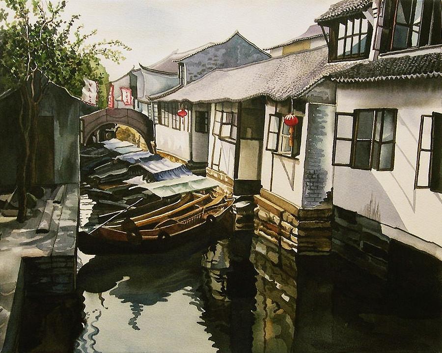 Boat Painting - Canal At The Water Village by Alfred Ng