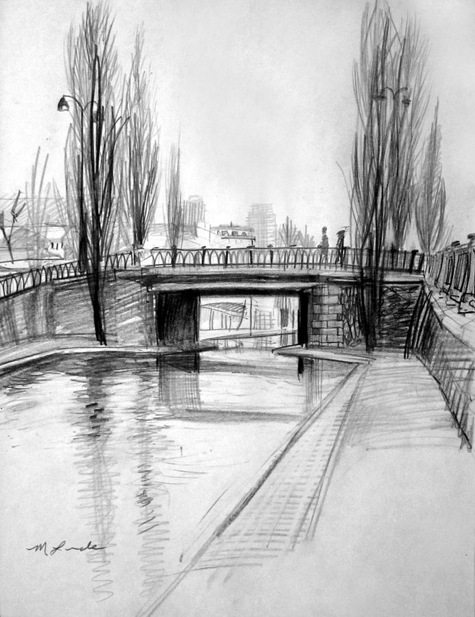 Canal Bridge in Paris Drawing by Mark Lunde