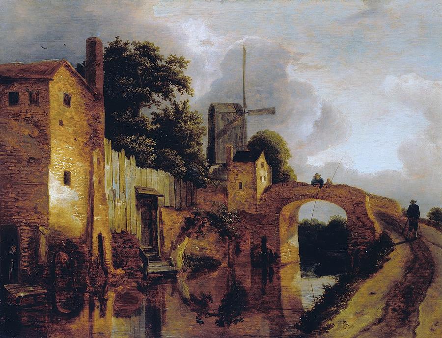 London Painting - Canal with Bridge by Jacob van Ruisdael