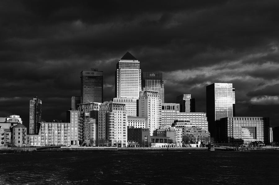 London Skyline Photograph - Canary Wharf sunlit from the Thames black and white version by Gary Eason