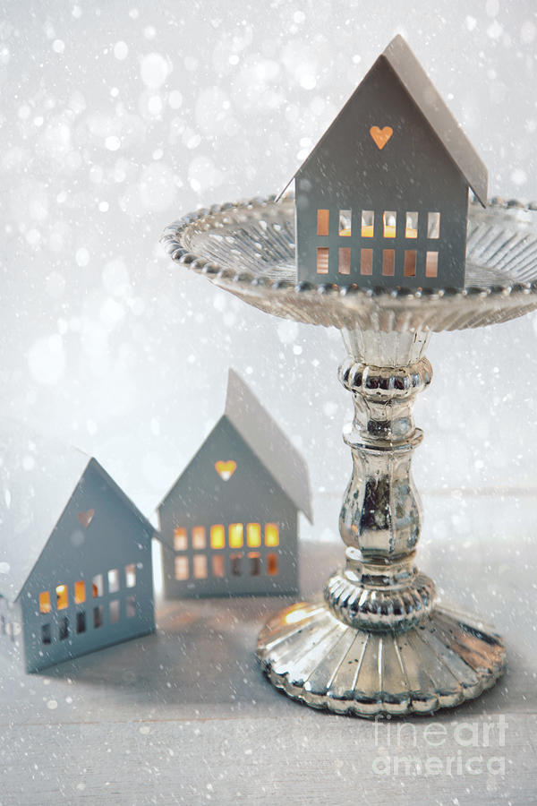 Candle houses with cake stand for the holidays Photograph by Sandra Cunningham