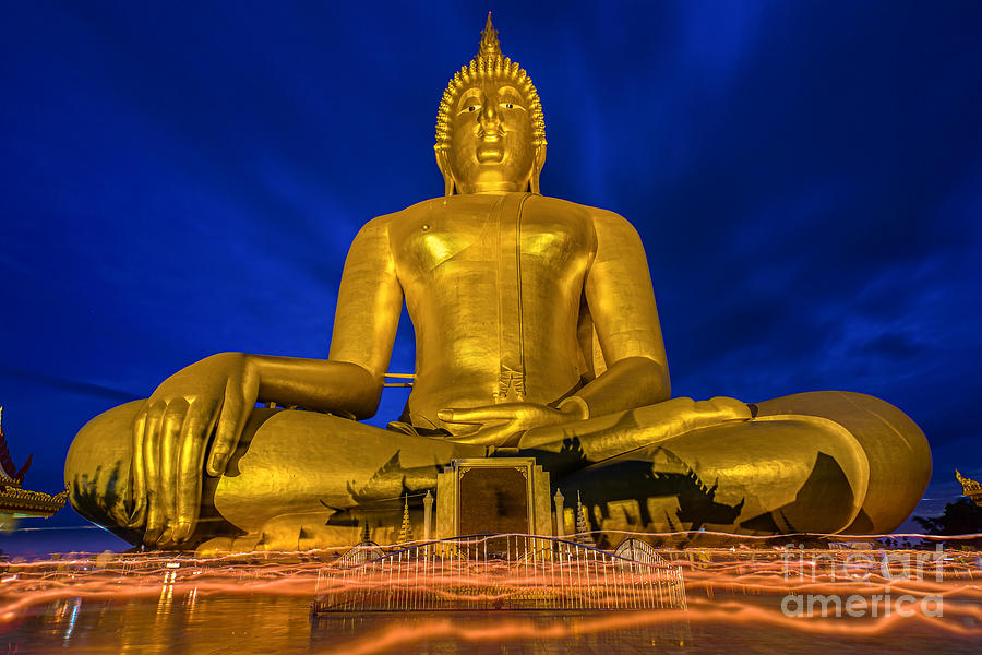 Buddha Photograph - Candlelight Makha Bucha Day at Wat Muang  by Anek Suwannaphoom