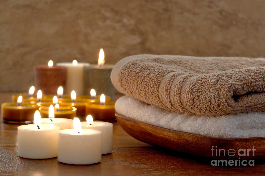 Candle Photograph - Candles and Towels in a Spa by Olivier Le Queinec