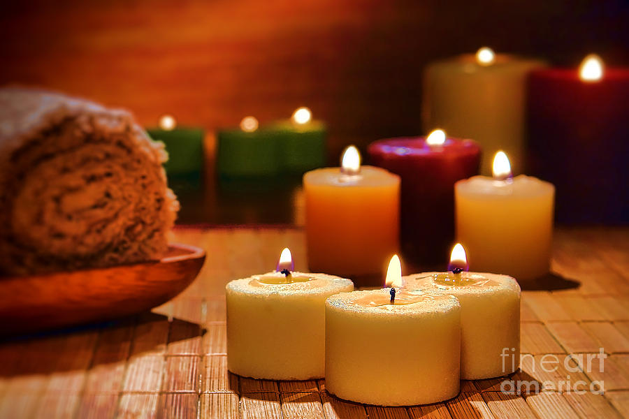 Candle Photograph - Candles Burning in a Spa  by Olivier Le Queinec