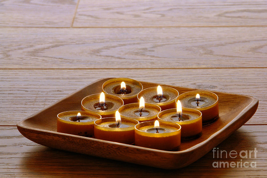 Candle Photograph - Candles in Wood Tray by Olivier Le Queinec