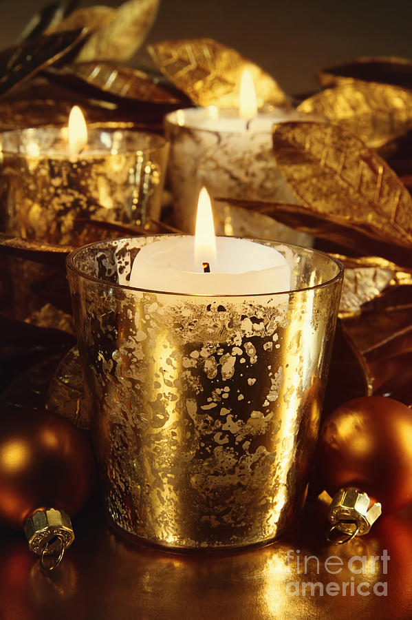 Candles lit with a sparkling gold theme  Photograph by Sandra Cunningham