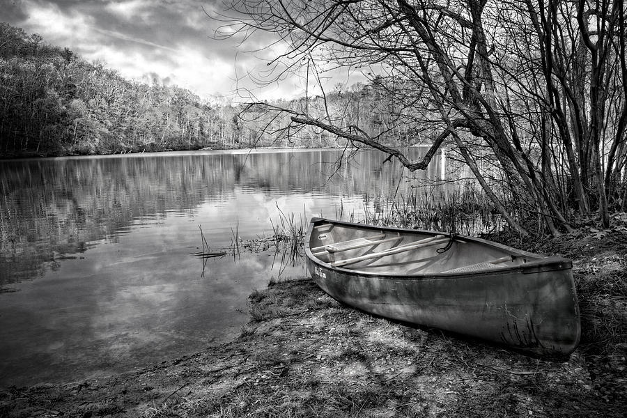 Canoe at the Lake Black and White Photograph by Debra and Dave Vanderlaan