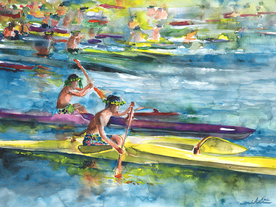 Sports Painting - Canoe Race in Polynesia by Miki De Goodaboom