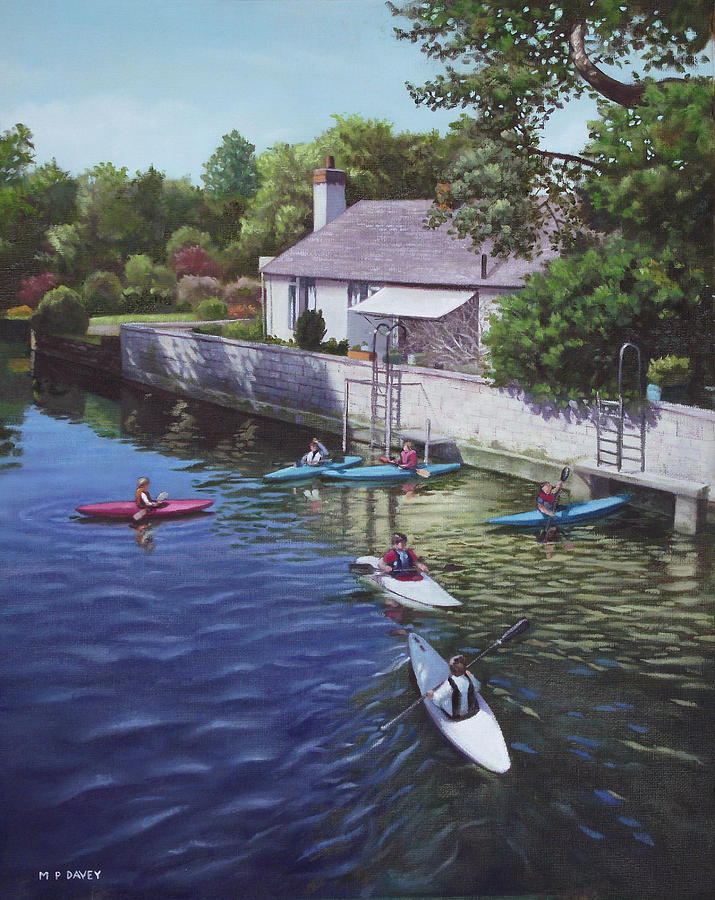 Canoeing on the river avon Christchurch UK Painting by Martin Davey