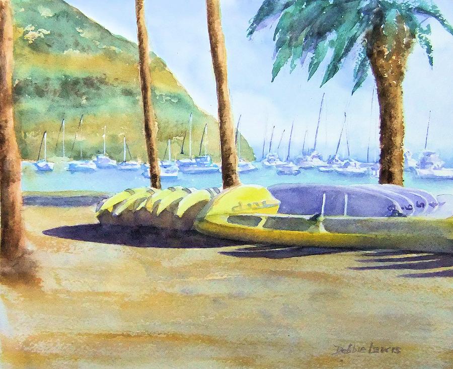 Canoes and Surfboards in the Morning Light - Catalina Painting by Debbie Lewis