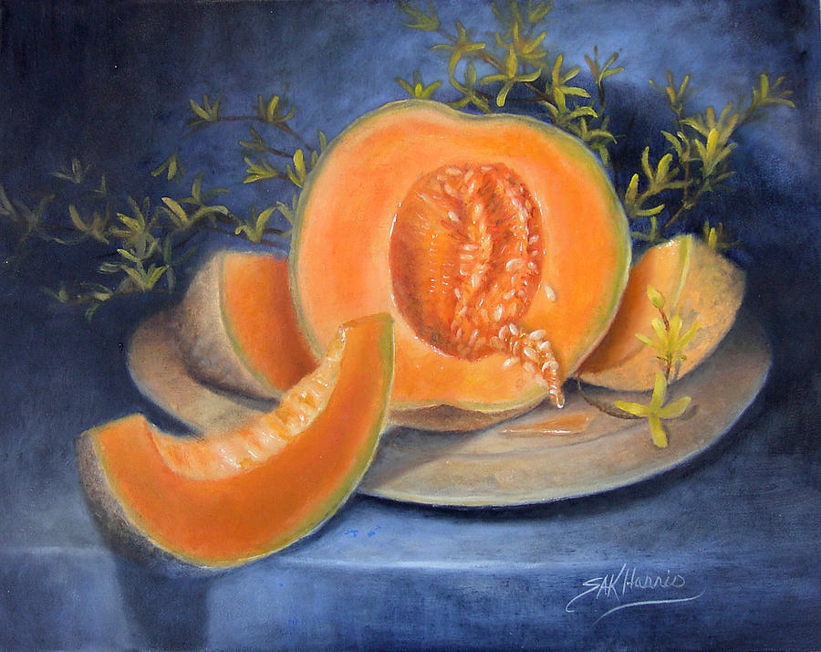 Blue Background Painting - Cantaloupe and Forsythia Flowers by Sharen AK Harris