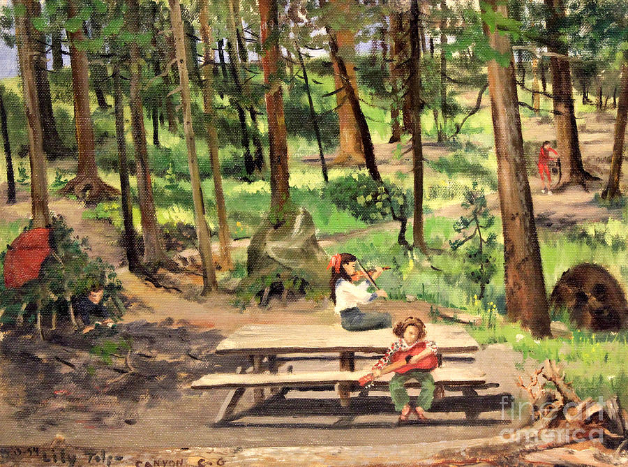 Canyon Campground - Yellowstone  1950s Painting by Art By Tolpo Collection