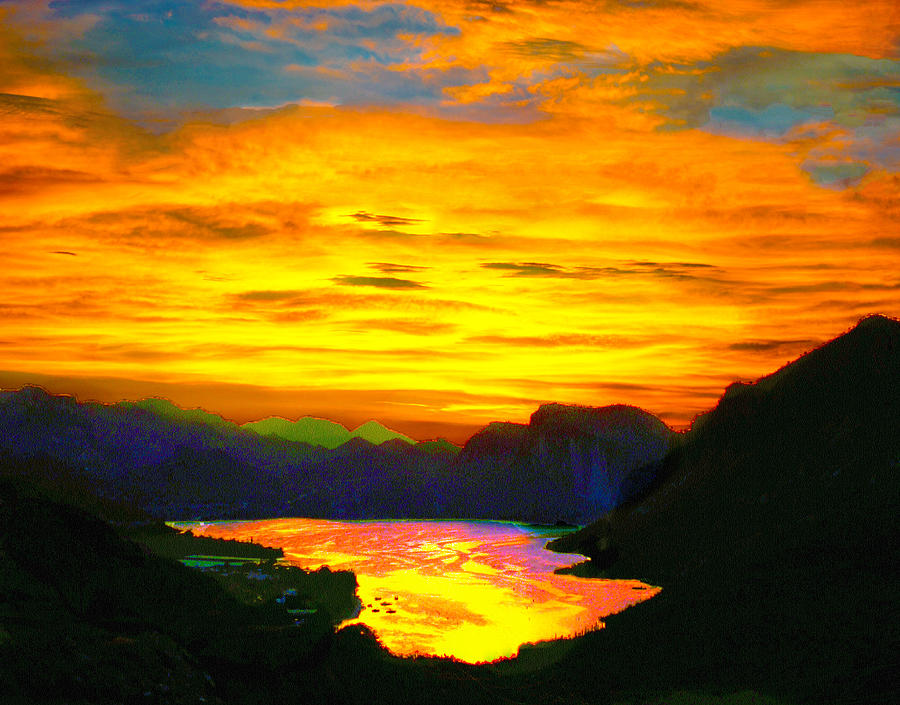 Mountain Digital Art - Canyon Lake Arizona Sunset Painting by Bob and Nadine Johnston