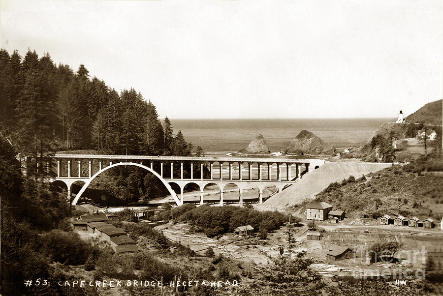 Bridge Photograph - Cape Creek Bridge and Heceta Oregon Head Lighthouse  circa1933 by Monterey County Historical Society