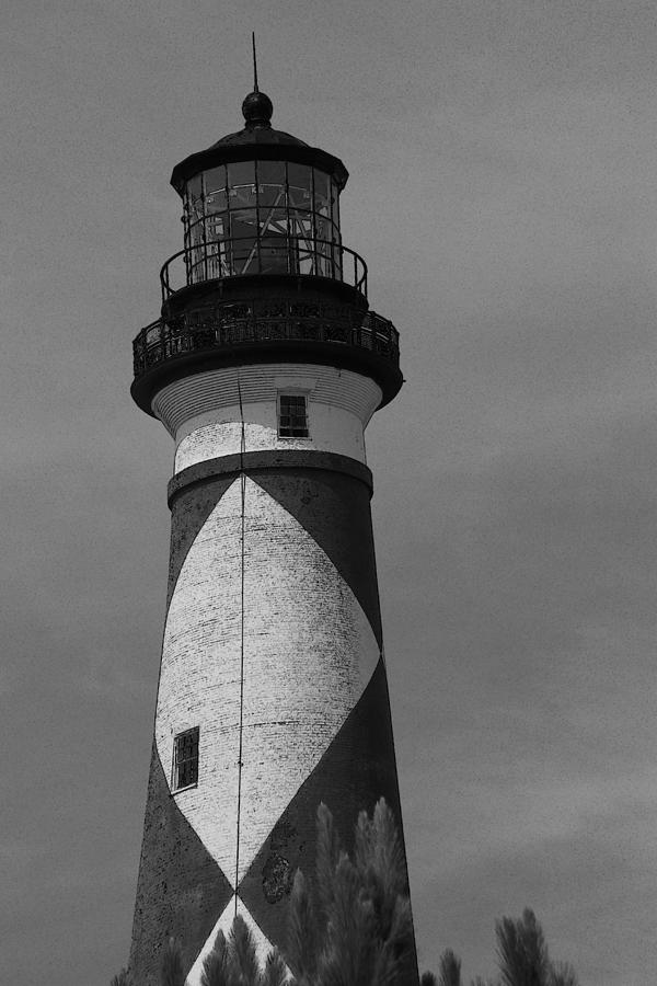 Lighthouse Photograph - Cape Lookout Light Black and White 2  by Cathy Lindsey