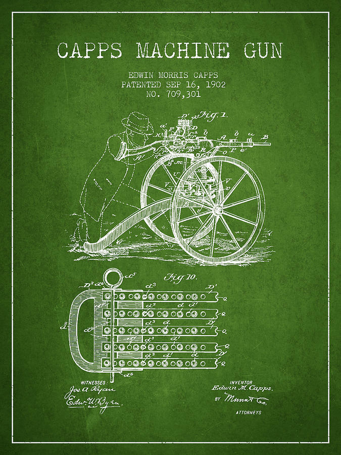 Vintage Digital Art - Capps Machine Gun Patent Drawing from 1902 - Green by Aged Pixel