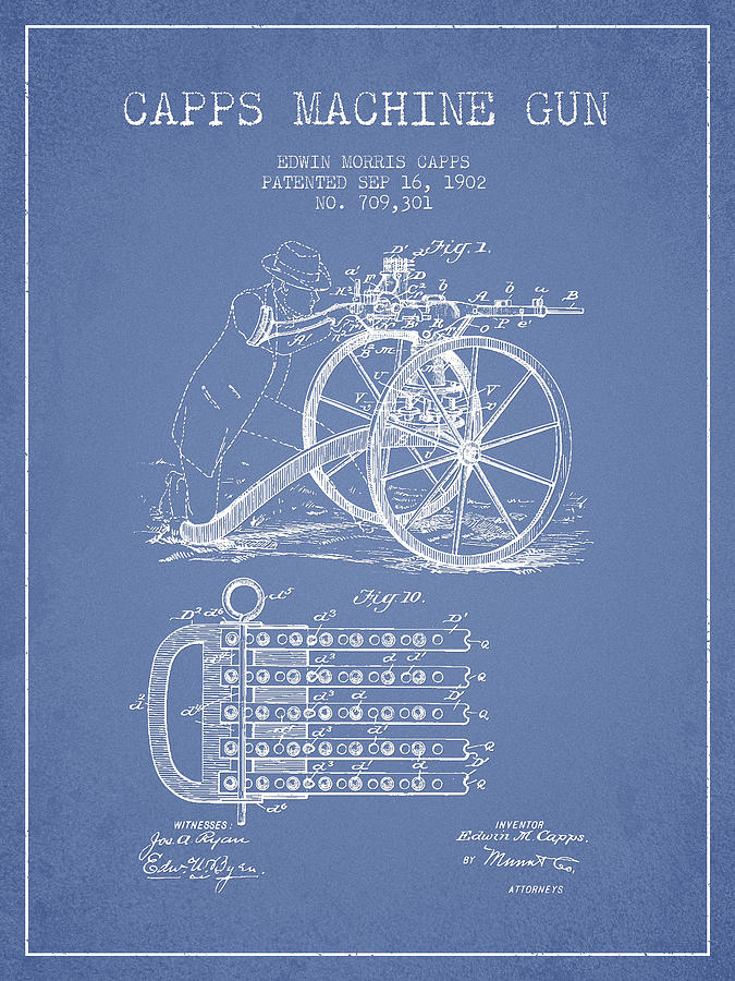 Vintage Digital Art - Capps Machine Gun Patent Drawing from 1902 - Light Blue by Aged Pixel