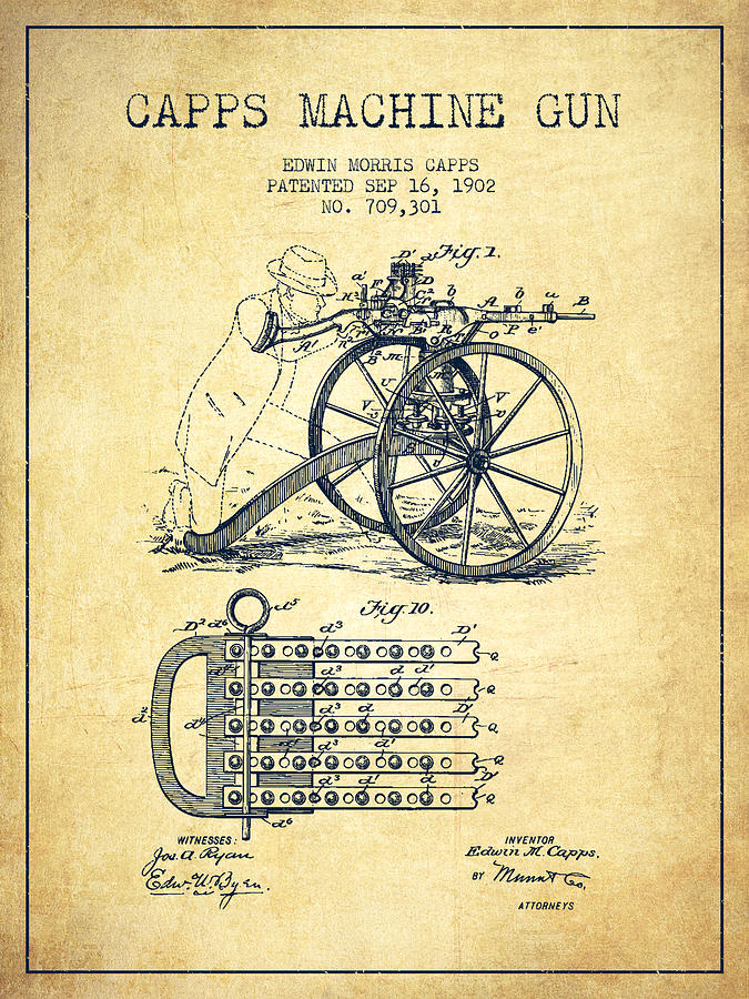 Vintage Digital Art - Capps Machine Gun Patent Drawing from 1902 - Vintage by Aged Pixel