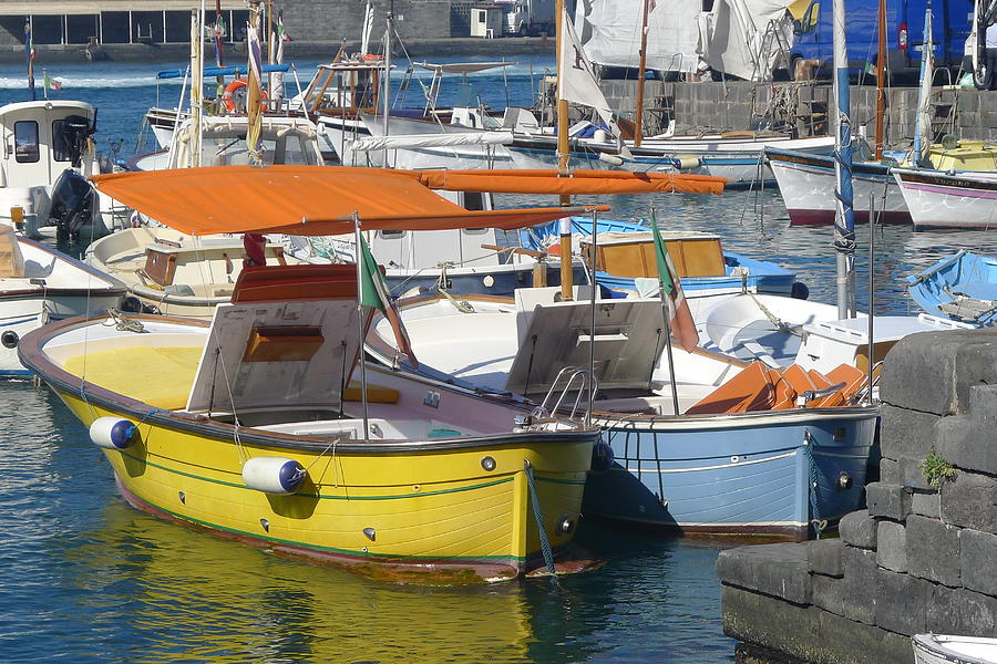 Boat Photograph - Capri - yellow and blue boats  by Nora Boghossian