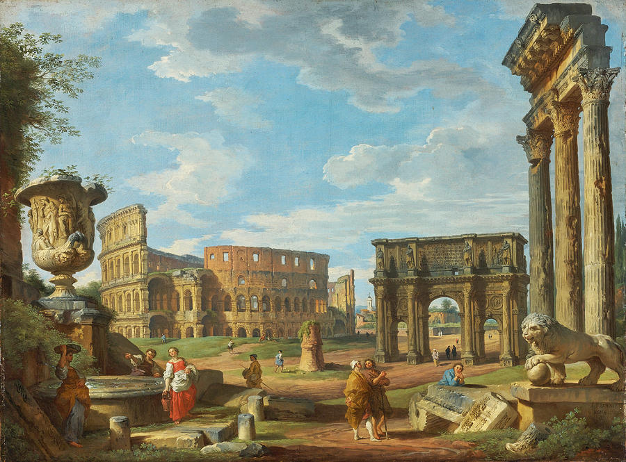 Giovanni Paolo Panini Painting - Capricio Of Roman Monuments With The Colosseum And Arch Of Constantine by Giovanni Paolo Panini