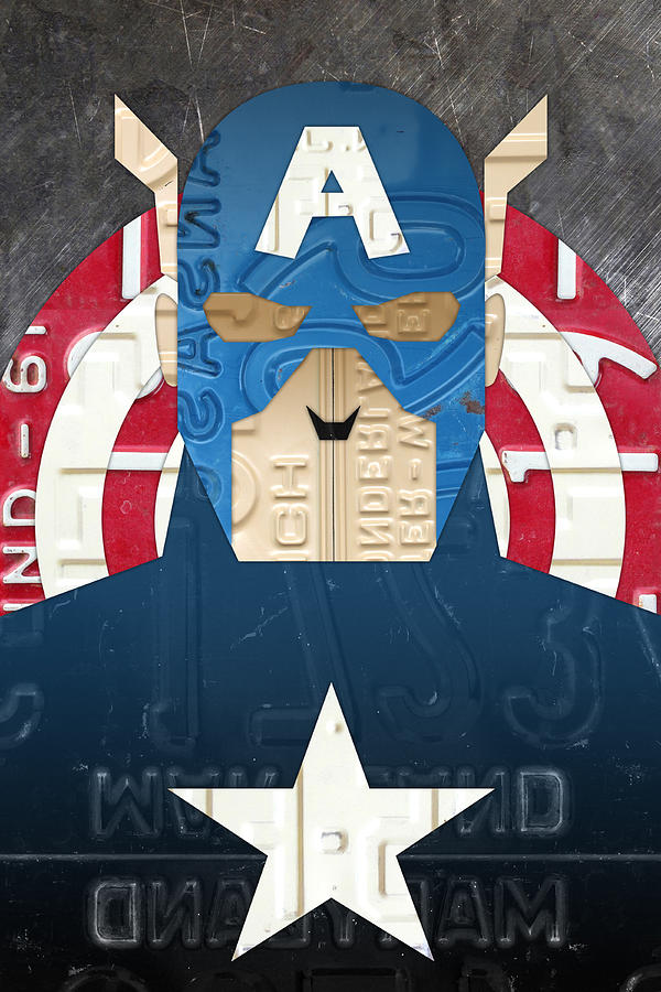 Captain America Superhero Portrait Recycled License Plate Art Mixed Media by Design Turnpike
