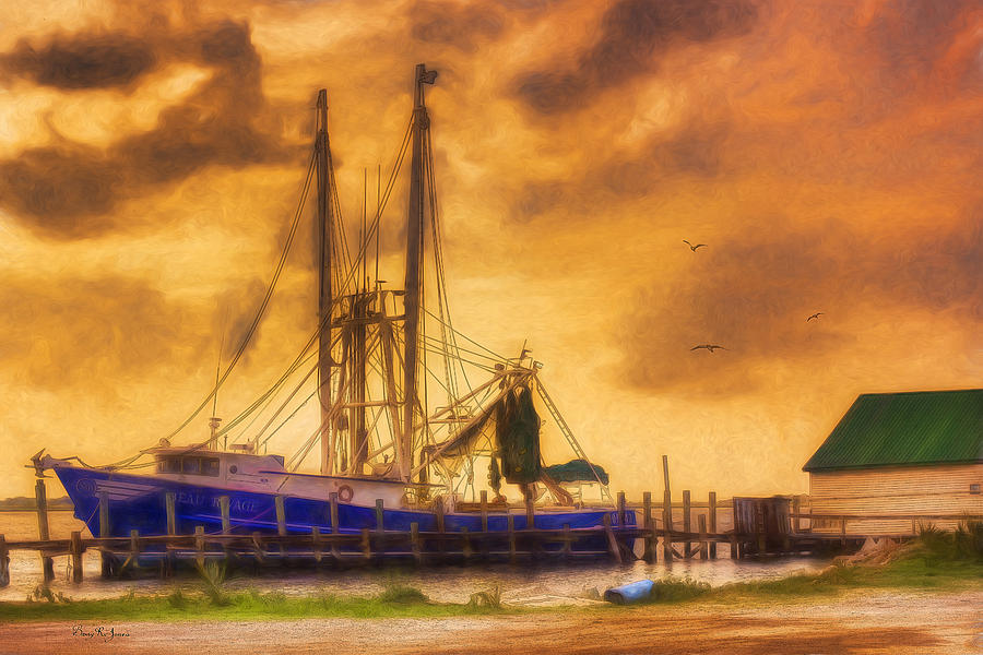 Sunset Photograph - Shrimp Boat - Dock - Captain Rickys Boat by Barry Jones