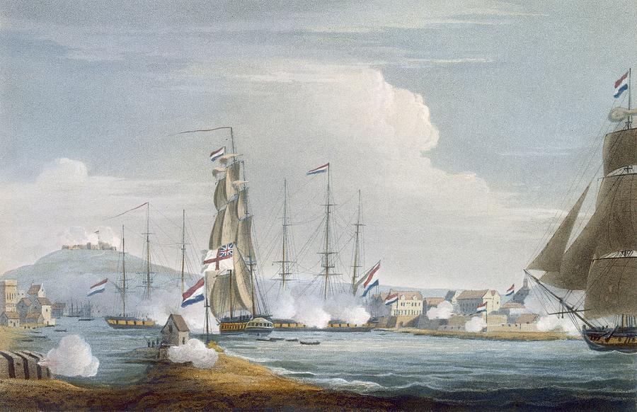 Curacao Drawing - Capture Of The Port Of Curacoa, Dutch by Thomas Whitcombe