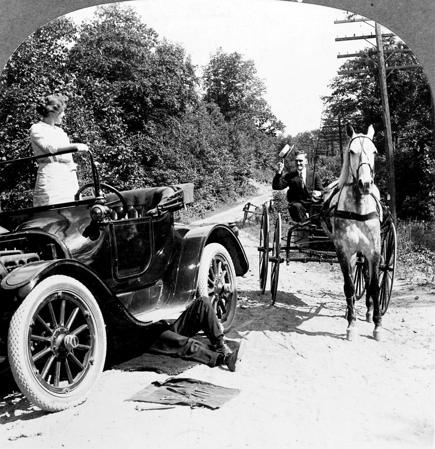 Transportation Photograph - Car And Carriage, 1914 by Granger