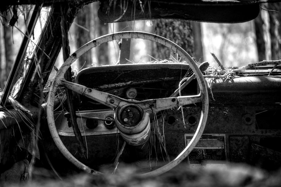 Car in the Woods in Black and White Photograph by Greg and Chrystal Mimbs