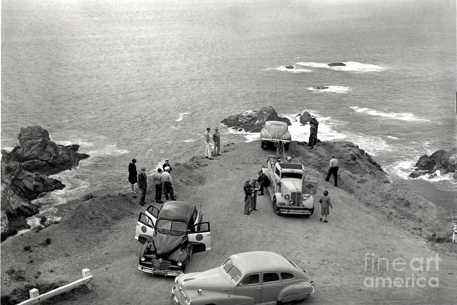 Car Photograph - Car over edge on Highway One  Big Sur  California    March 27 1947 by Monterey County Historical Society
