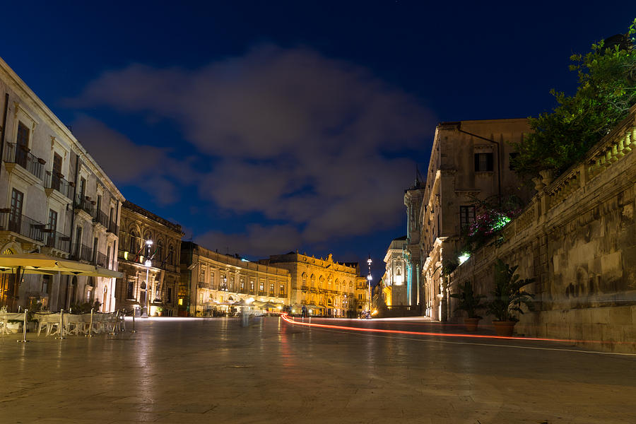 Syracuse Photograph - Car Trails on the Magical Duomo Square in Ortygia Syracuse Sicily Italy by Georgia Mizuleva