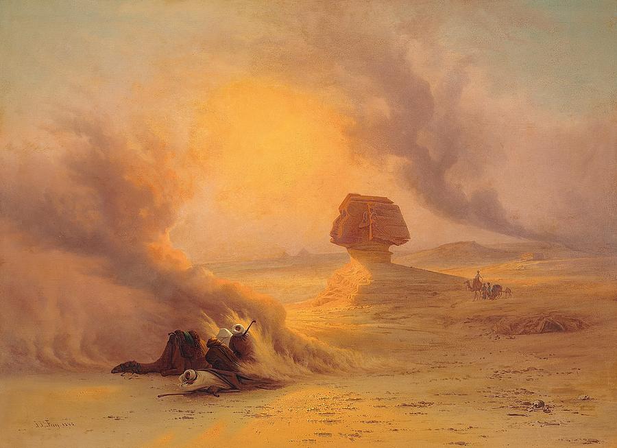 Landscape Painting - Caravan caught in the Sinum wind near Gizah by Johann Jakob Frey