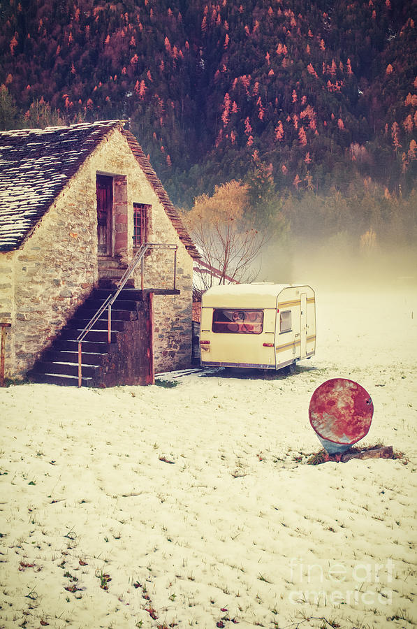 Tree Photograph - Caravan in the snow with house and wood by Silvia Ganora