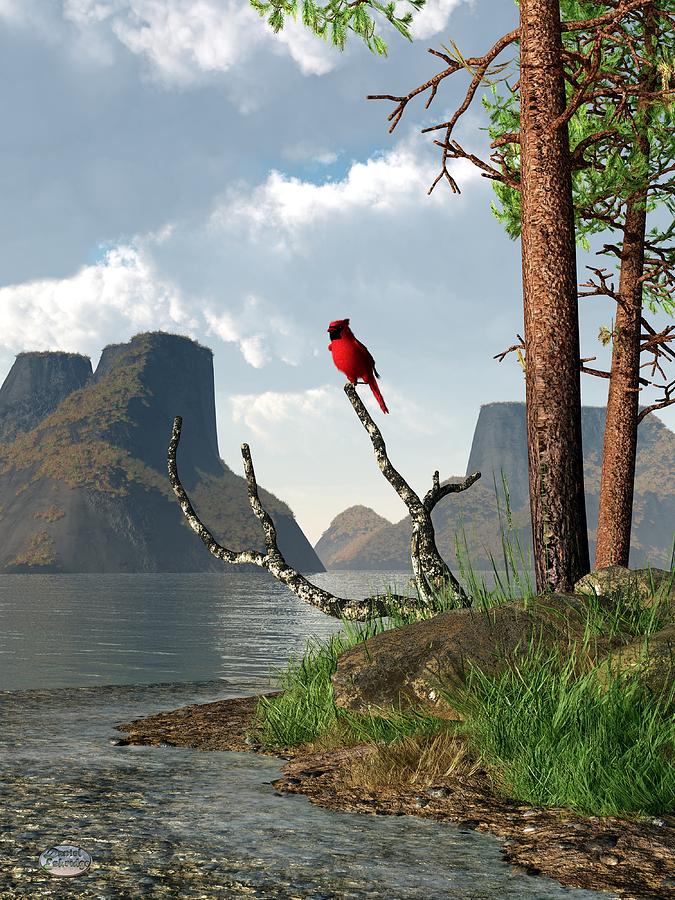 Cardinal by a Lake Digital Art by Daniel Eskridge