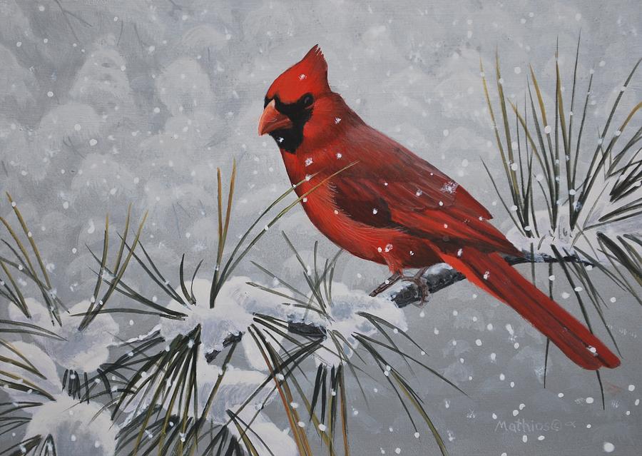 Winter Painting - Cardinal in the Snow by Peter Mathios