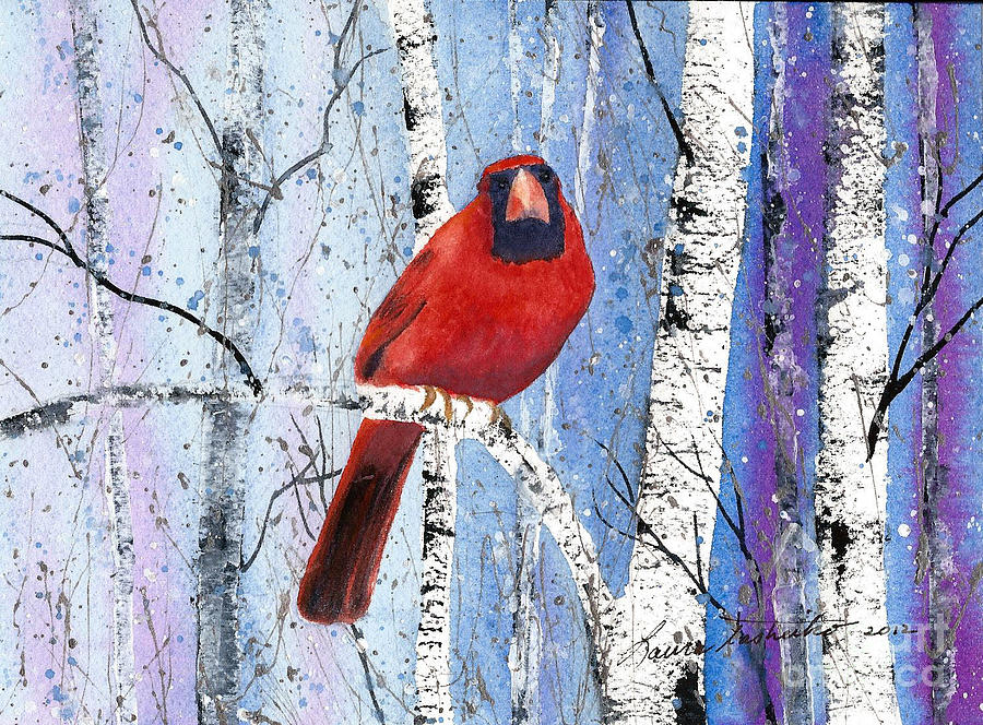 Nature Painting - Cardinal in Winter Birch Trees by Laura Tasheiko